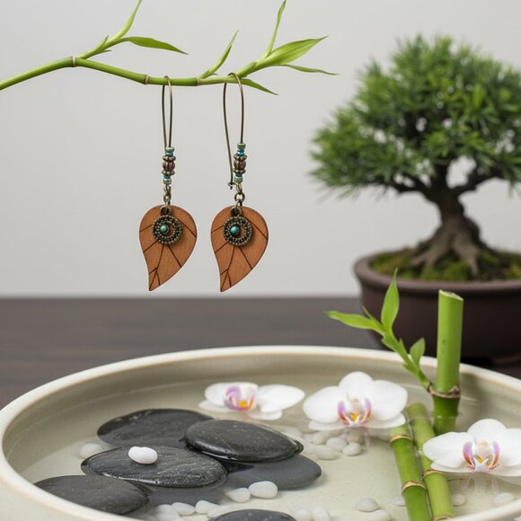 🆕️Rustic Boho Chic Wooden Leaf Earrings with Copper Beads & Turquoise Charm - Picture 6 of 11